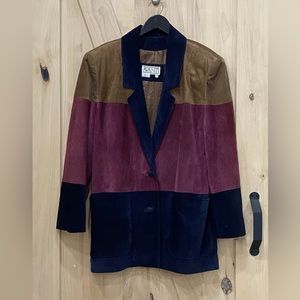 Vintage 80s Avanti Suede Leather Color Block Jacket Blazer Women M